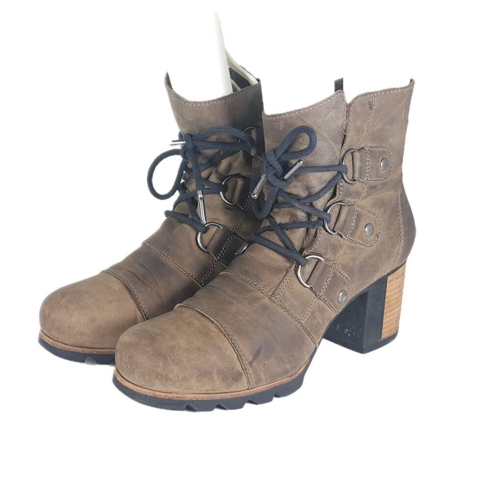 Sorel Women's Addington US10 Brown Leather Lace-up Heels Ankle Boots Booties